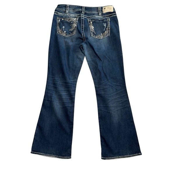 Silver SUKI Women’s 32X30 Dark Wash Fading Rivets Sequins Mid-Rise Bootcut - Picture 3 of 9